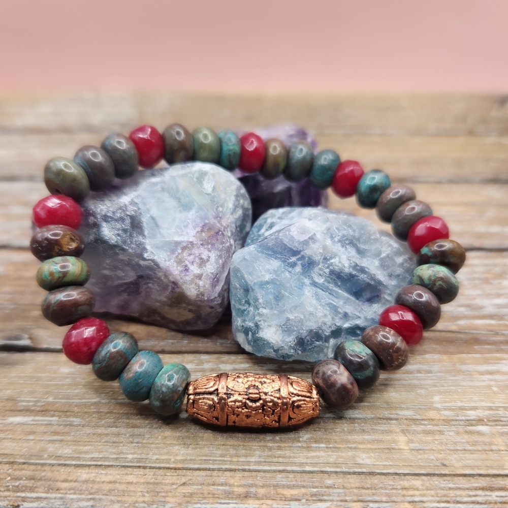 Chrysocolla, Red Jade, and Copper Beaded Bracelet